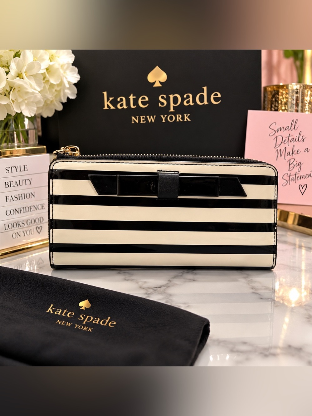 🖤 Kate Spade Black & Cream Striped Bow Clutch